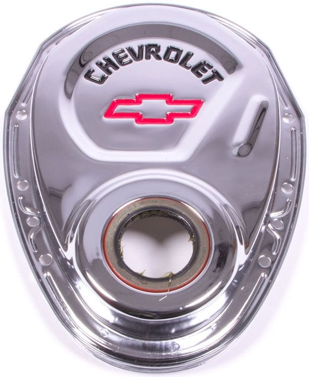 PROFORM Small Block Chev Proform Stamped Steel Timing Cover Chrome with Red Bowtie Logo PR141-904 SR