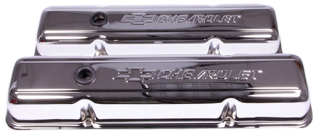 PROFORM Small Block Chev Proform Stamped Valve Covers with Chevrolet Logo (Short Style with Baffle) Chrome PR141- SR
