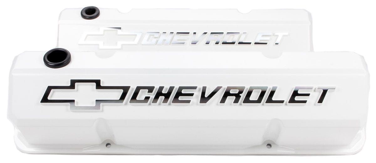PROFORM White Suit SB Chev With Raised Chevrolet Logo & Bowtie Emblem Proform Die-Cast Aluminium Slant Edge Valve Covers PR141-935 SR