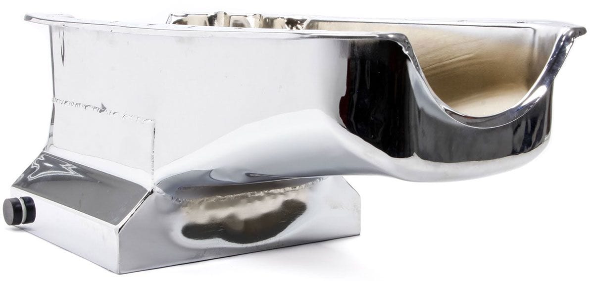 RPC Fits 1955-79 S/B Chev 283-350 Racing Power Company Chrome Steel Drag Race Oil Pan, 8-1/4" Deep with 1 Trap Door (Passenger dipstick SR