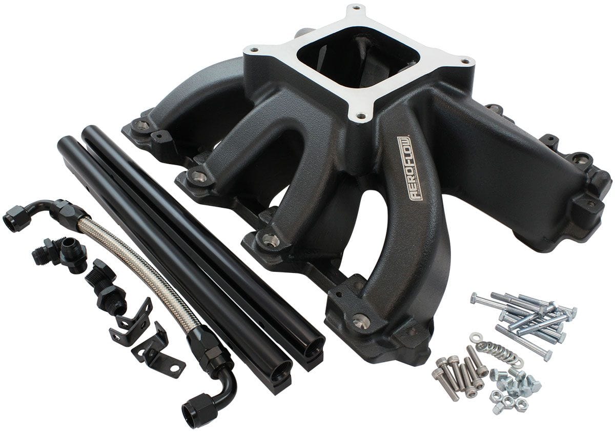 Aeroflow Performance GM LS Cathedral Port Carburettor Hi Rise Race Single Plane EFI Intake Manifold, Black Finish GM LS Cathedral Port Carburettor Hi Rise Race Single Plane EFI Intake SR