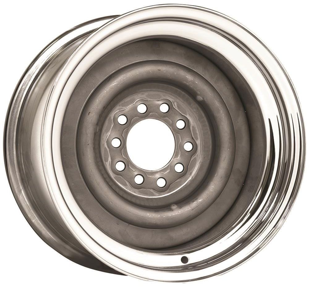 WHEELVINT 4-1/2 & 4-3/4" Bolt Circle With 4" Back Space Wheel Vintiques Chrome Outer, Grey Primer Center Smoothie Steel Rim 15 x 8" WV13-581204 SR
