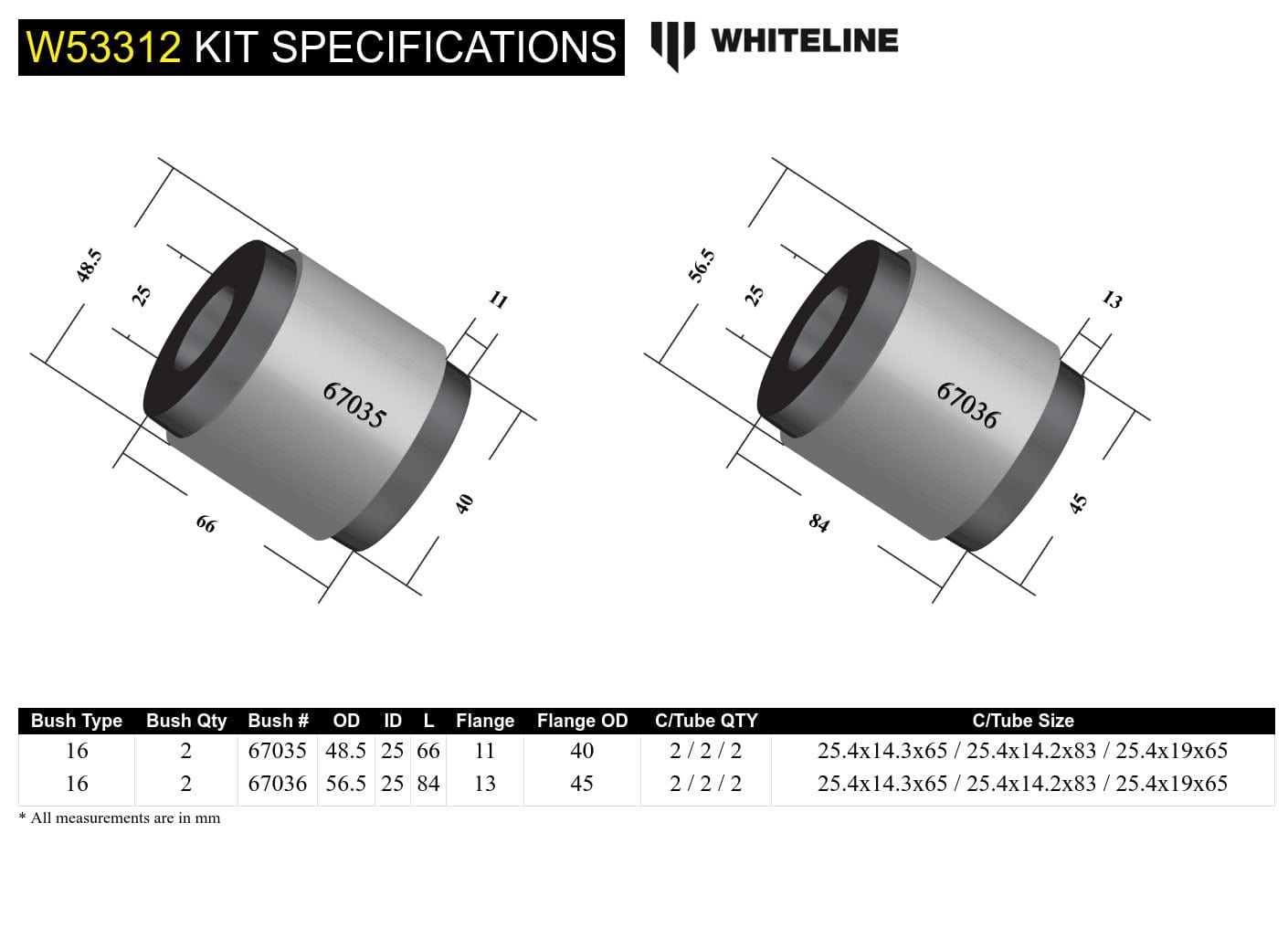 Whiteline 10 x 16 x 26 cm Front Control Arm Lower - Bushing Kit to Suit Toyota HiLux, Prado, 4Runner and Foton Tunland SR