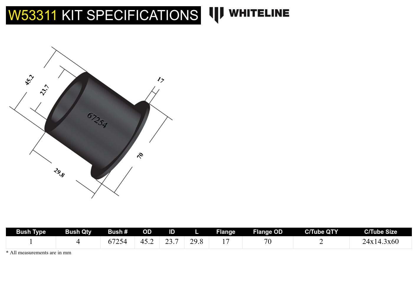 Whiteline 10 x 16 x 26 cm Front Control Arm Lower - Inner Bushing Kit to Suit Ford Falcon FG, FGX and FPV SR