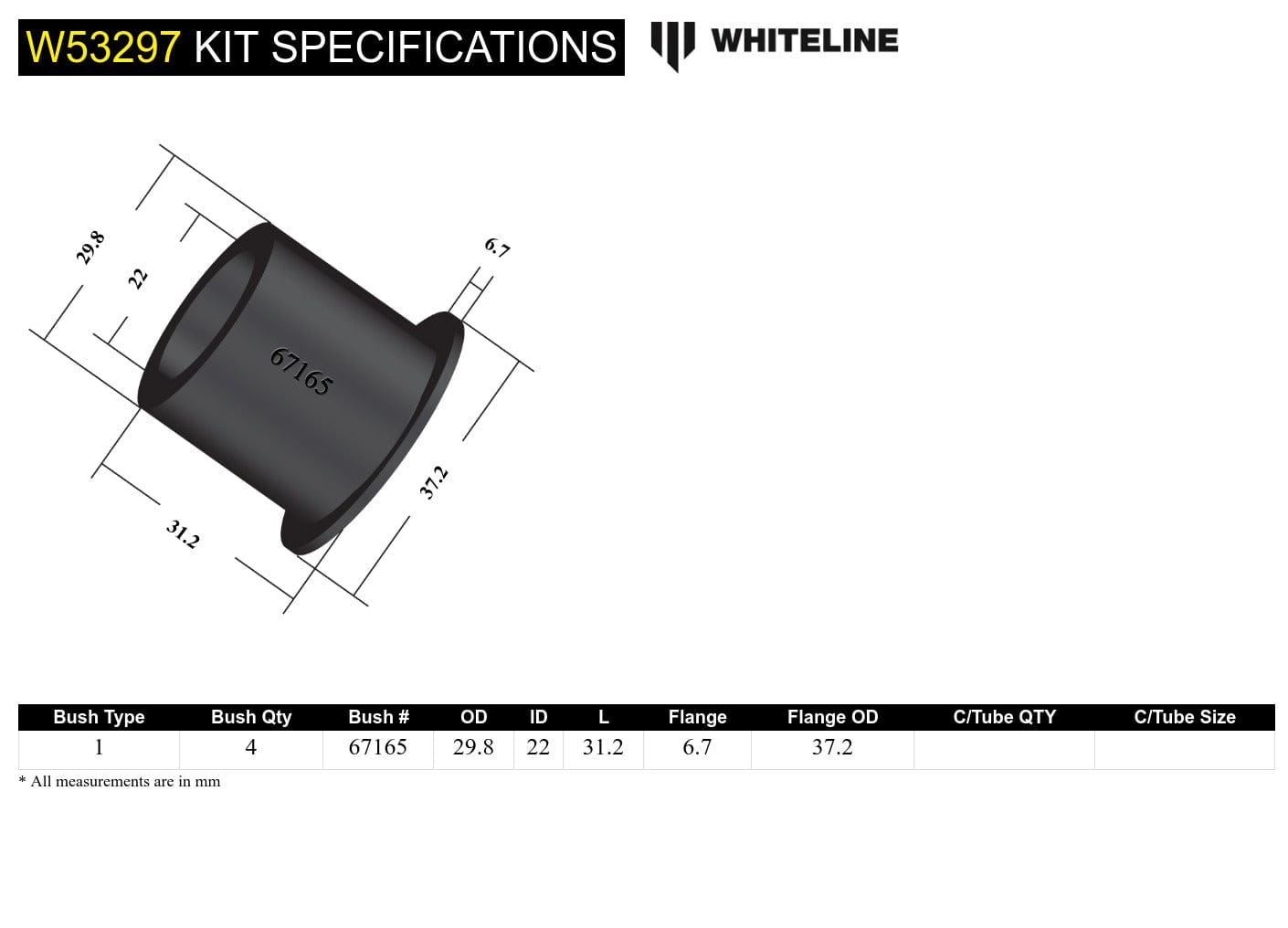 Whiteline 10 x 16 x 26 cm Front Control Arm Lower - Inner Front Bushing Kit to Suit Lexus RX and Toyota Camry, Kluger SR
