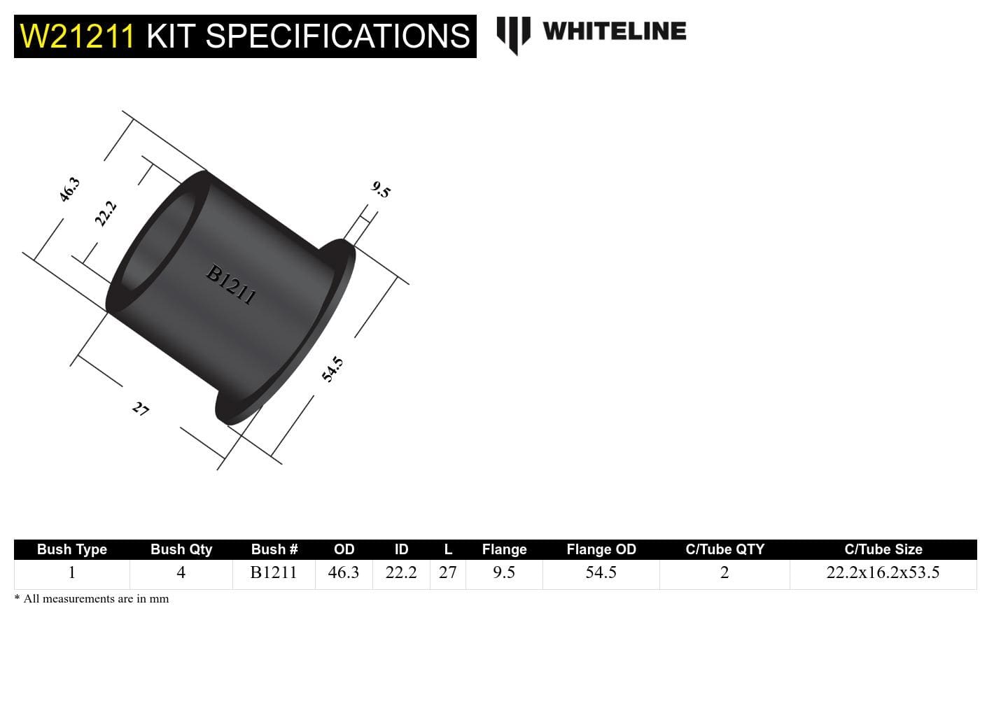 Whiteline 10 x 16 x 26 cm Front Control Arm Lower - Outer Bushing Kit to Suit Holden Apollo and Toyota Camry SR