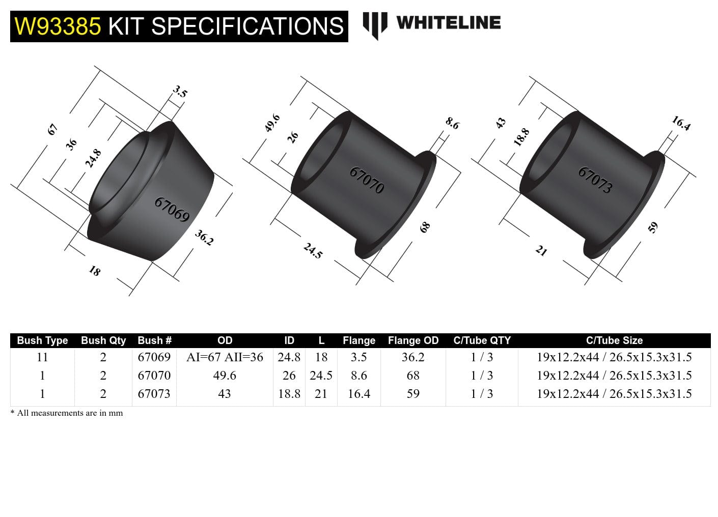 Whiteline 10 x 16 x 26 cm Front Differential Mount - Bushing Kit to Suit Toyota Prado 120 Series and 4Runner GRN210 SR