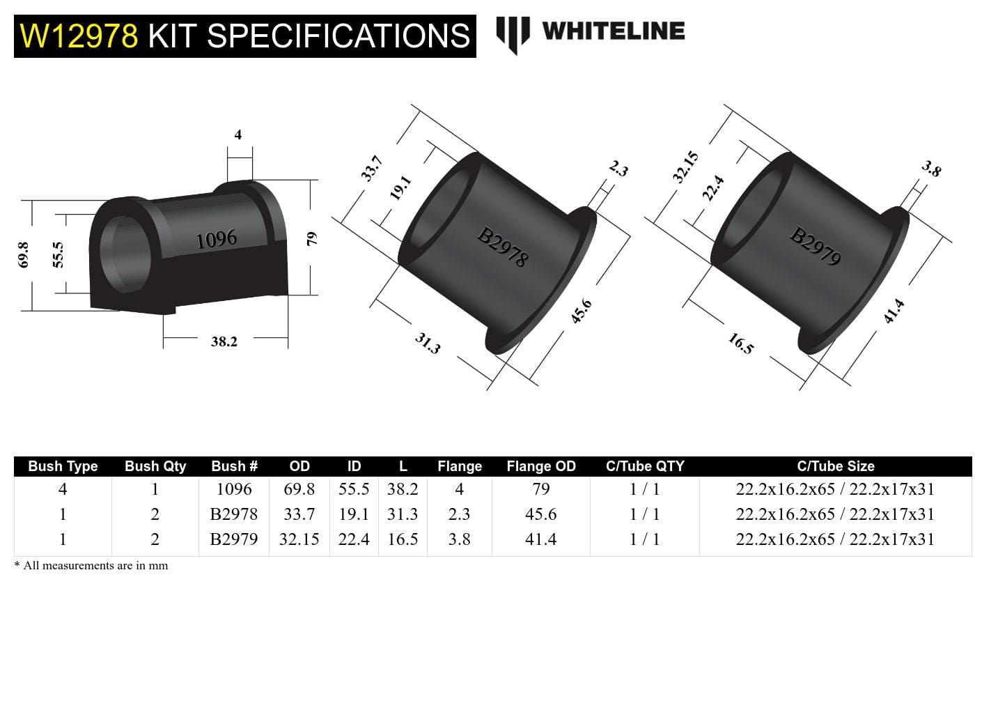 Whiteline 10 x 16 x 26 cm Front Steering Rack and Pinion - Mount Bushing Kit to Suit Toyota Prado and 4Runner SR