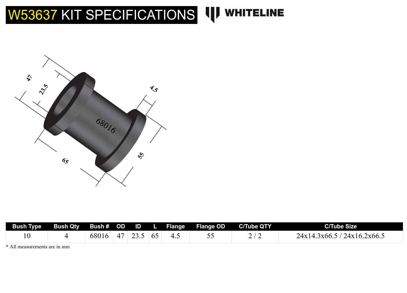 Whiteline 10 x 16 x 26 cm Front Trailing Arm Lower - Bushing Kit to Suit Jeep Gladiator JT and Wrangler JL SR
