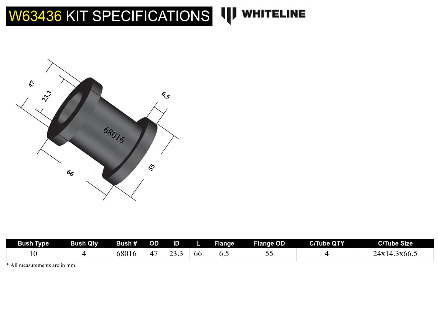 Whiteline 10 x 16 x 26 cm Front Trailing Arm Lower - Bushing Kit to Suit Jeep Wrangler JK SR