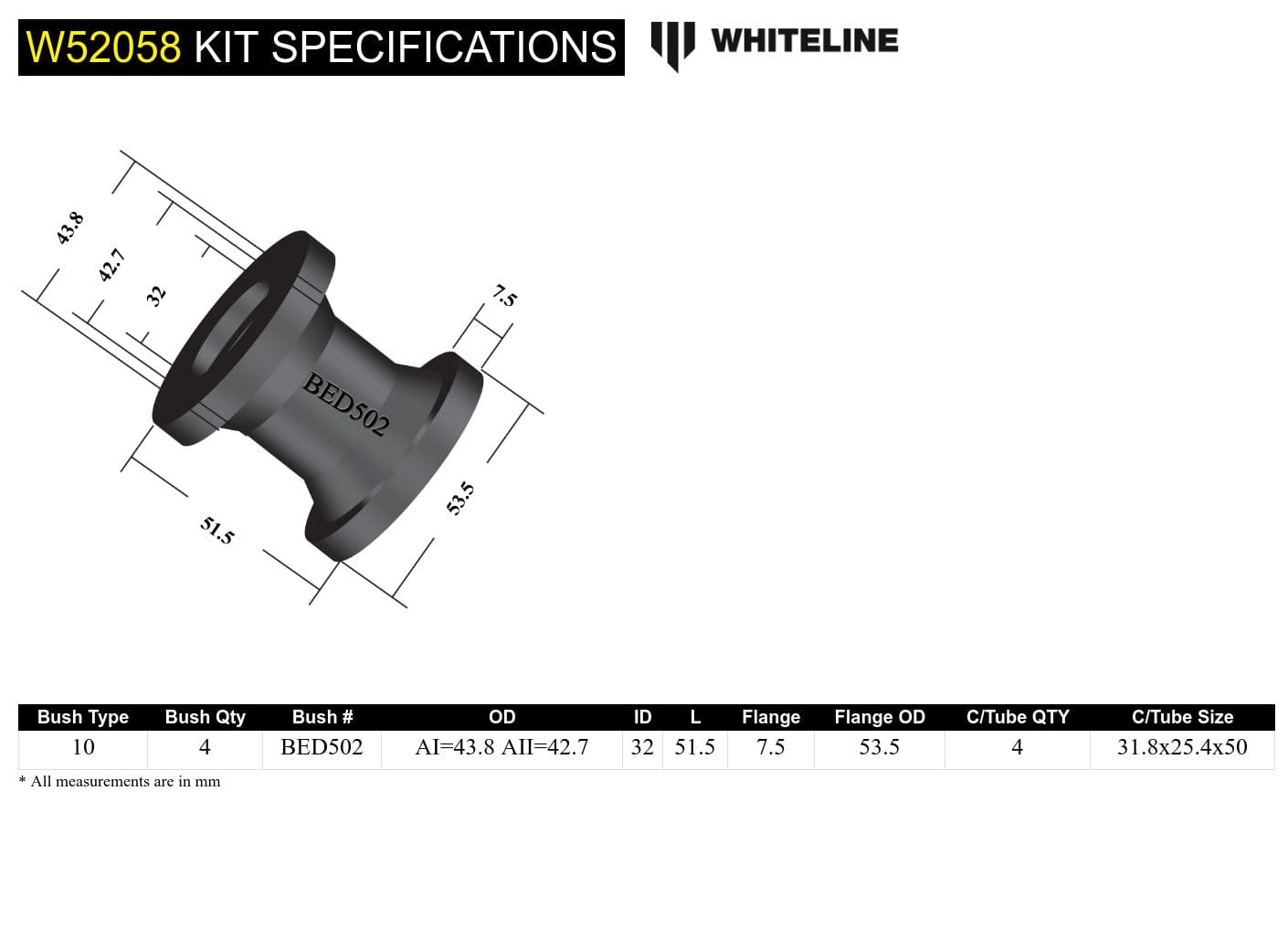 Whiteline 10 x 16 x 26 cm / Installs into original shell Front Control Arm Lower - Bushing Kit to Suit Bedford Van AN SR