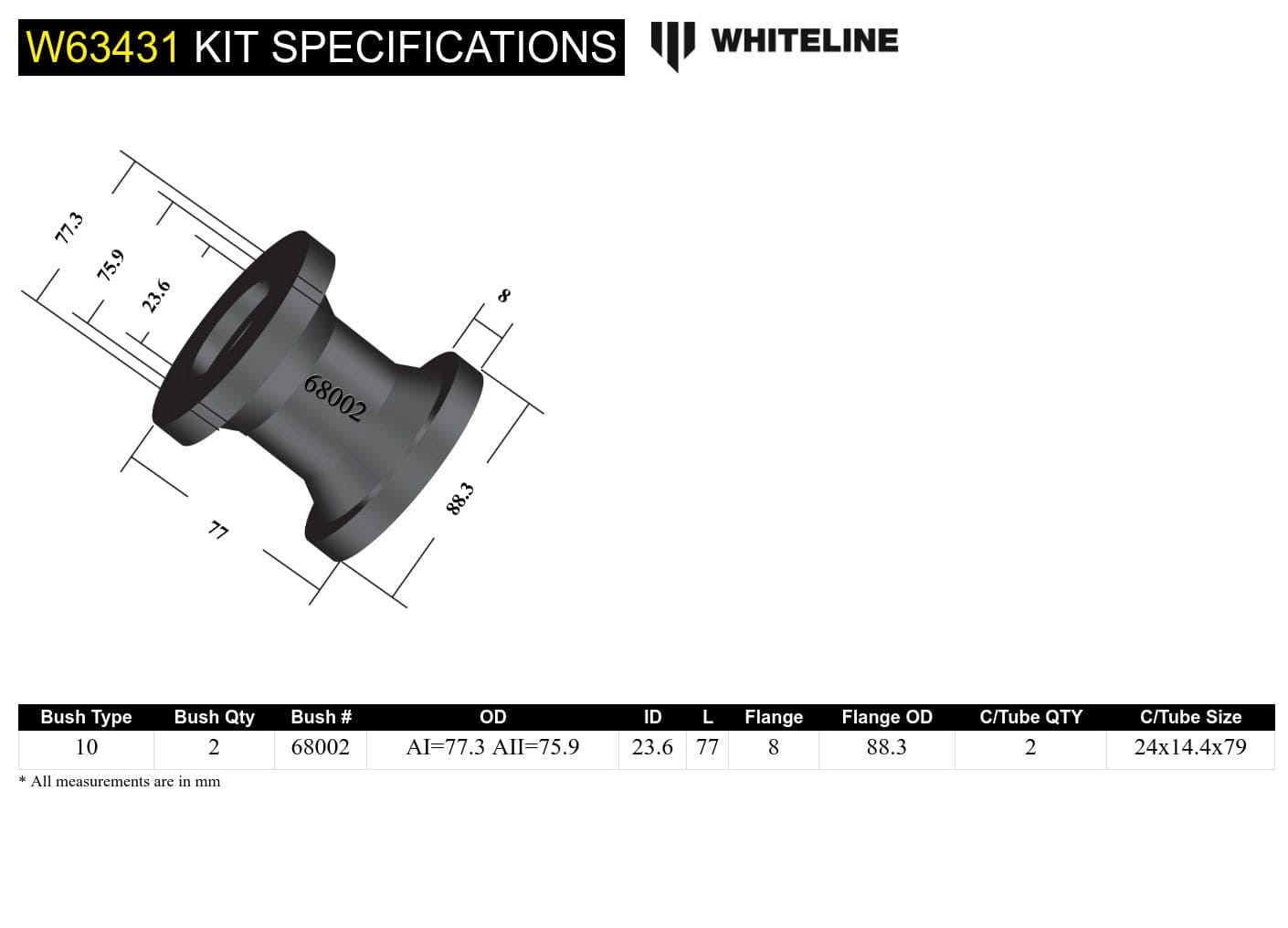 Whiteline 10 x 16 x 26 cm / Installs into original shell Trailing Arm Lower - Bushing Kit to Suit Jeep Grand Cherokee WJ, WG SR