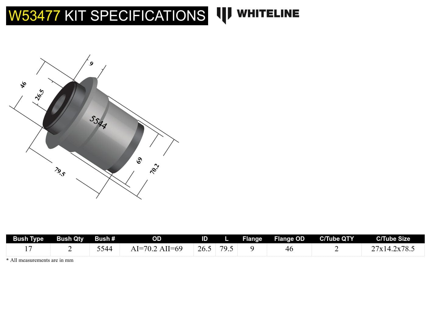 Whiteline 10 x 16 x 26 cm / OEM design Front Radius Arm Lower - Bushing Kit to Suit Ford Territory SX-SZ and FPV SR