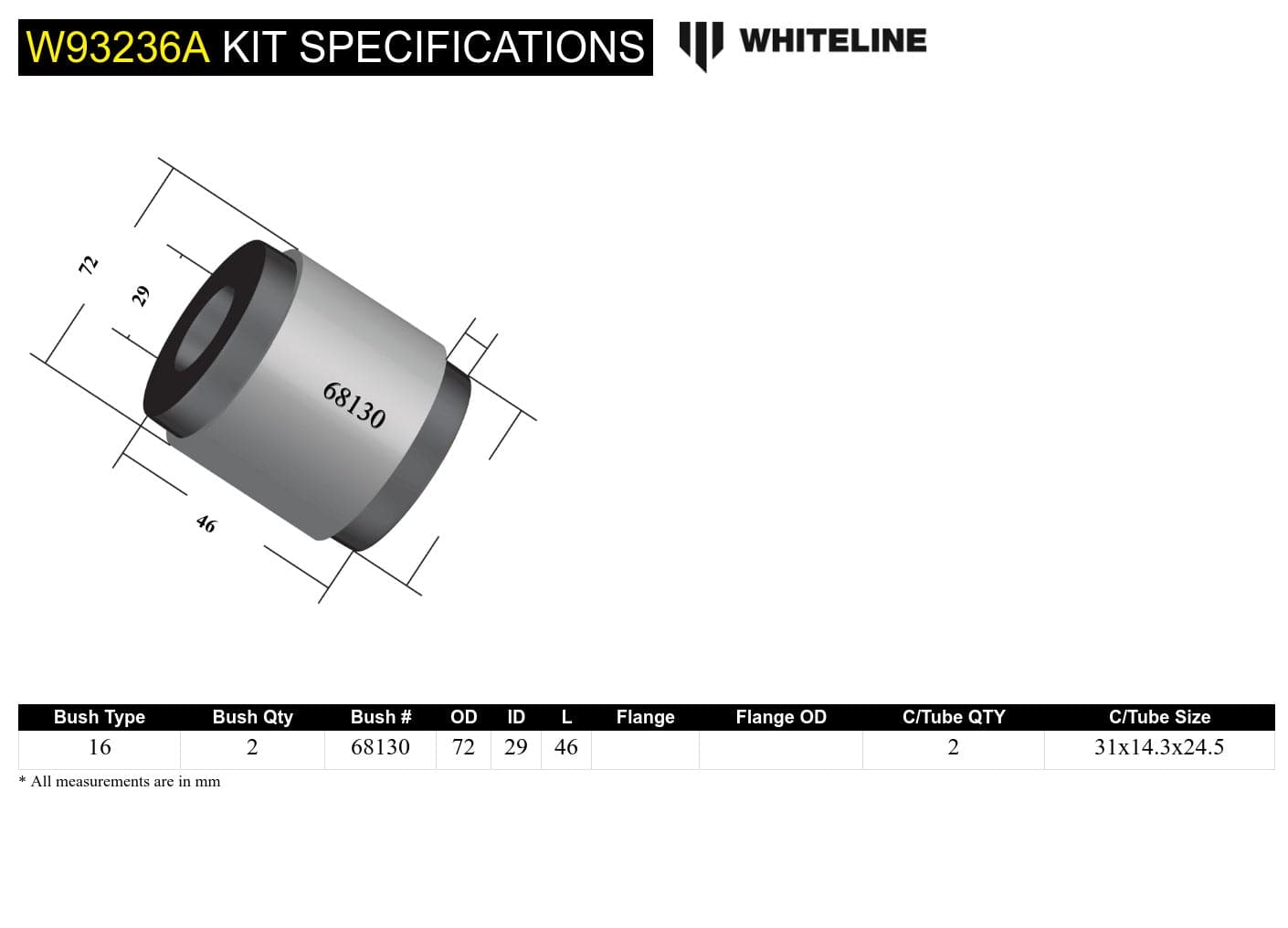 Whiteline 10 x 16 x 26 cm / OEM design Rear Differential Mount - Front Bushing Kit to Suit Ford Falcon/Fairlane BA-FGX, Territory SX-SZ and FPV SR