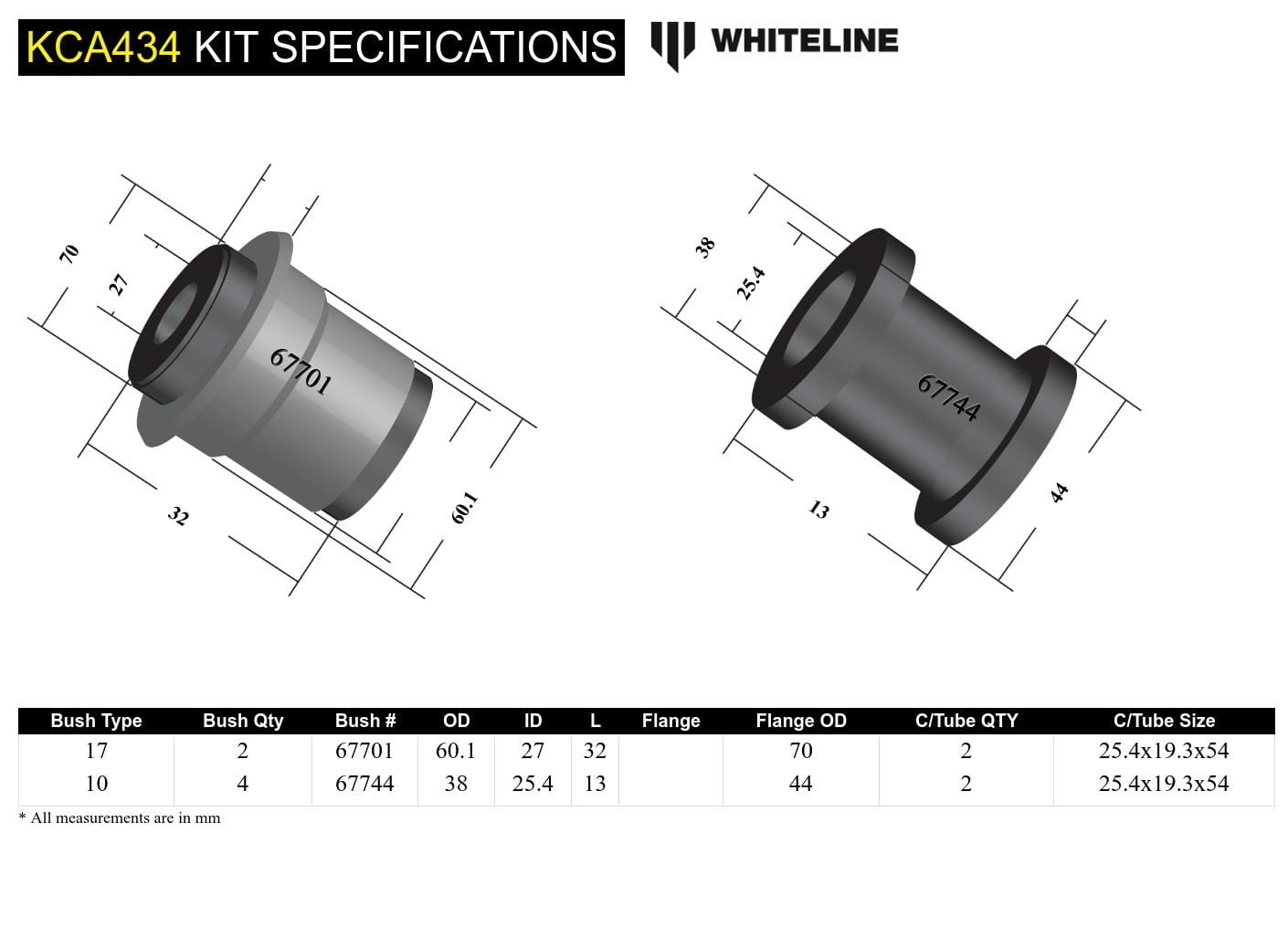 Whiteline 10 x 16 x 26 cm / Performance Alignment - adds +0.5deg caster + anti-dive Front Control Am Lower - Inner Front Bushing Kit Double Offset to Suit Subaru BRZ and Toyota 86 SR