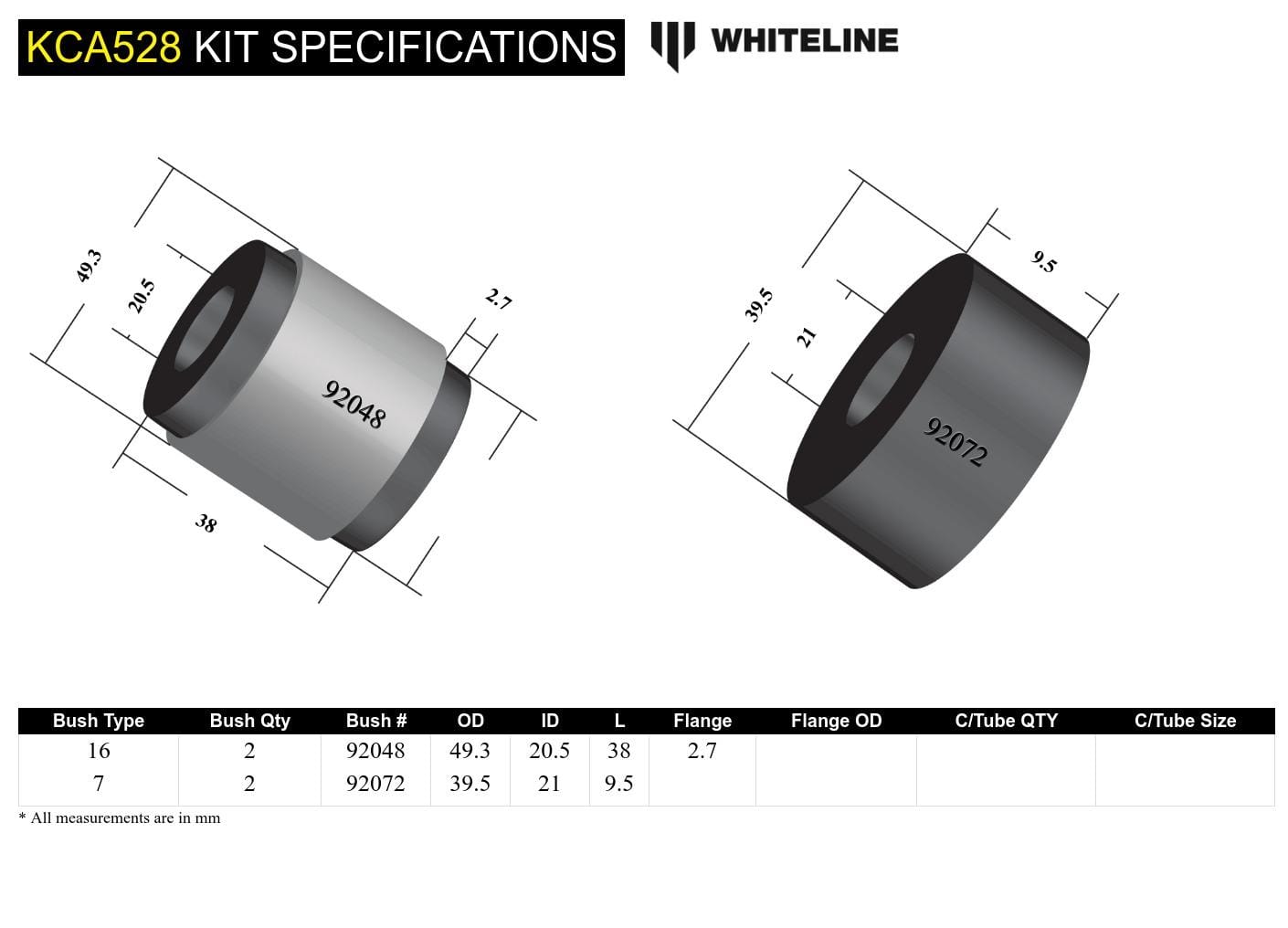 Whiteline 10 x 16 x 26 cm / Performance Alignment - adds +0.5deg caster Front Control Arm Lower - Inner Rear Bushing Double Offset Kit to Suit Nissan Pulsar N16 SR