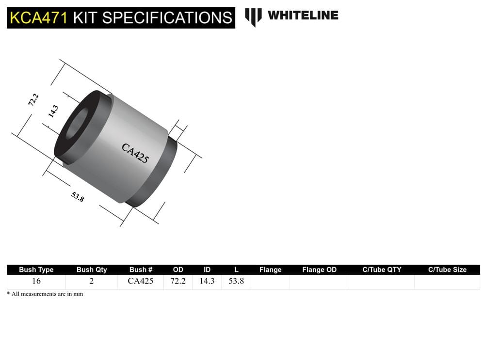 Whiteline 10 x 16 x 26 cm / Performance Alignment - adds +0.5deg caster Front Control Arm Lower - InnerRear Bushing Double Offset Kit to Suit Mitsubishi Lancer Evolution X SR