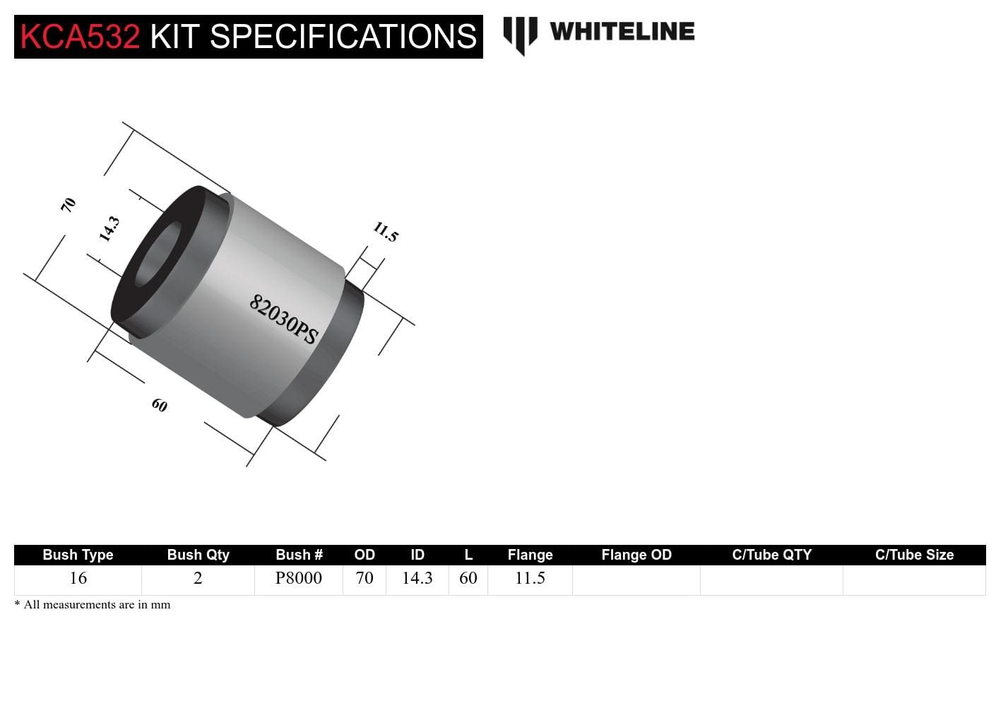 Whiteline 10 x 16 x 26 cm / Performance Alignment - adds +0.75deg caster Front Radius Arm Lower - Bushing Kit Double Offset to Suit Tesla Model 3 and Model Y SR