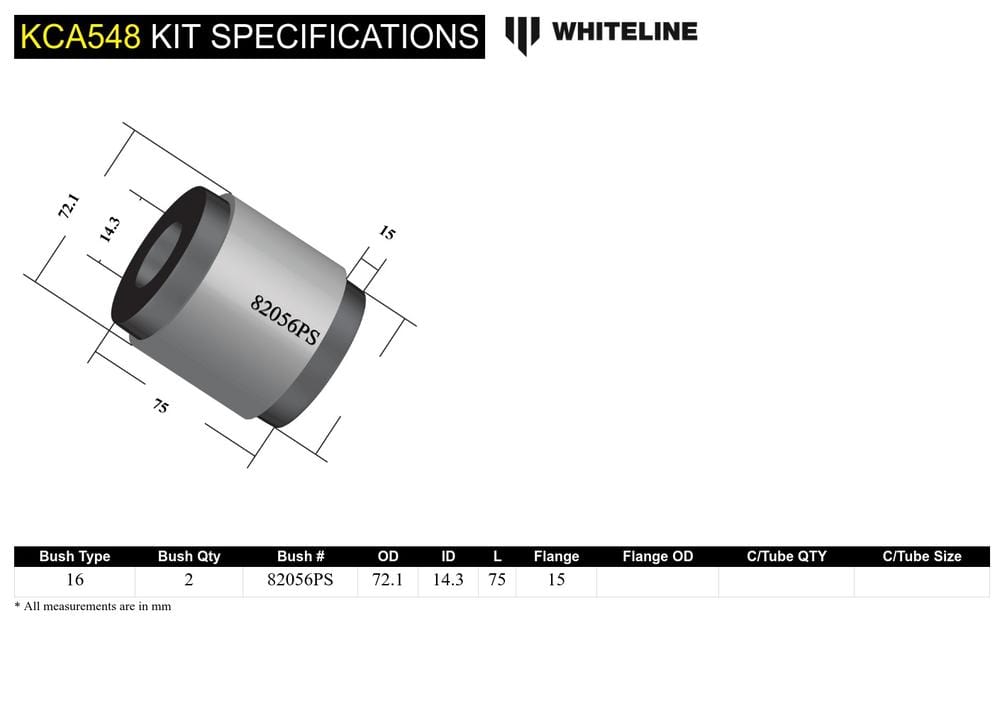 Whiteline 10 x 16 x 26 cm / Performance Alignment - adds +1.0deg caster Front Control Arm Lower - Inner Rear Bushing Kit Double Offset to Suit Nissan Elgrand, Maxima and Murano SR