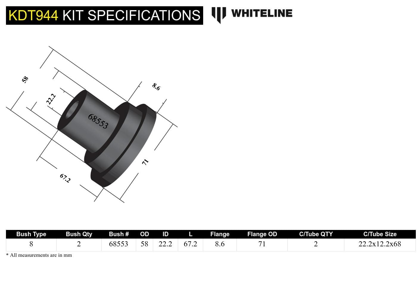 Whiteline 10 x 16 x 26 cm Rear Beam Axle - Bushing Kit to Suit Citroen C2 JM and C3 FC SR