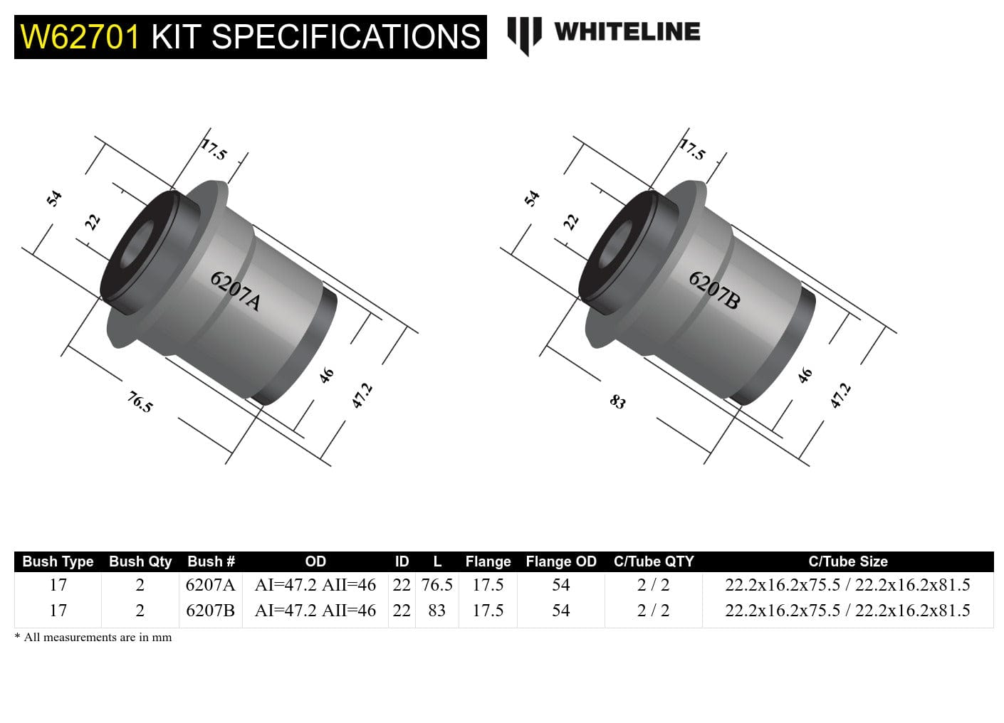 Whiteline 10 x 16 x 26 cm Rear Control Arm Lower - Inner Bushing Kit to Suit Ford Falcon/Fairlane AU SR