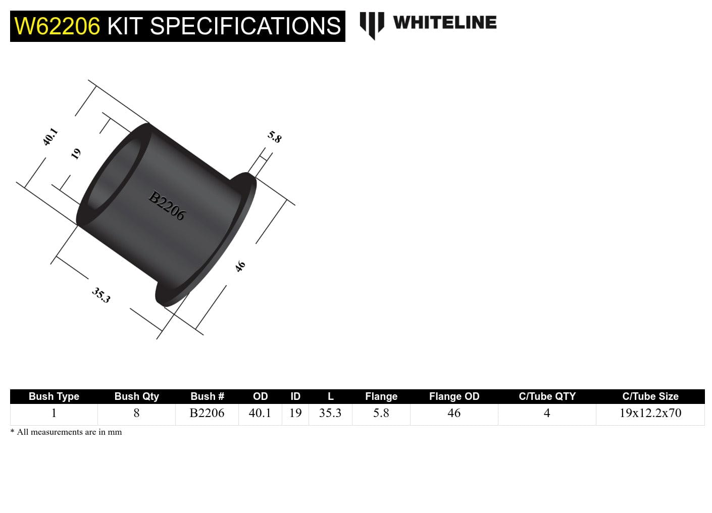 Whiteline 10 x 16 x 26 cm Rear Control Arm Lower - Inner Bushing Kit to Suit Mazda MX-5 NA, NB SR