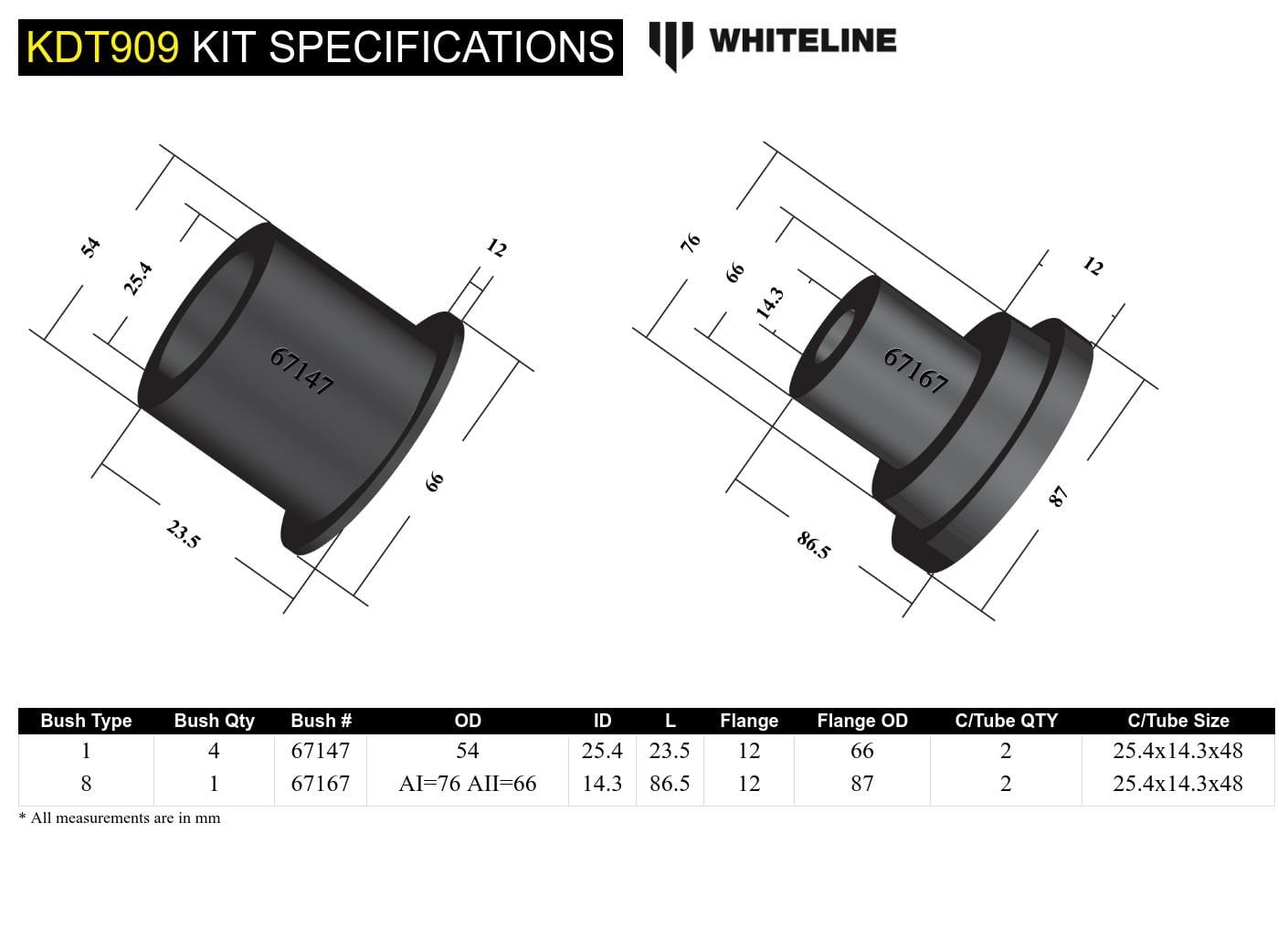 Whiteline 10 x 16 x 26 cm Rear Differential Mount - Front Bushing Kit to Suit Mitsubishi Lancer CJ, CY Ralliart Awd SR