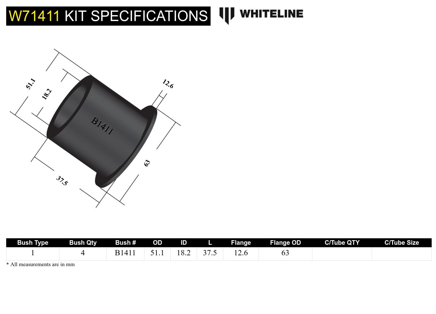 Whiteline 10 x 16 x 26 cm Rear Leaf Spring - Front Eye Bushing Kit to Suit Ford Falcon/Fairlane XK-XP SR
