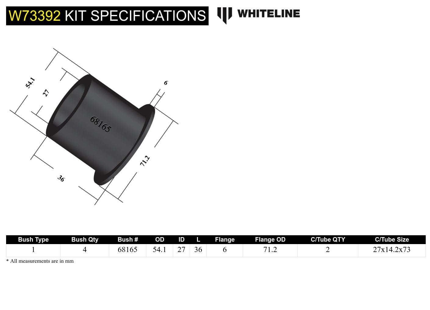 Whiteline 10 x 16 x 26 cm Rear Leaf Spring - Front Eye Bushing Kit to Suit Ford Ranger PX, PY and Mazda BT-50 UP, UR 2wd/4wd SR