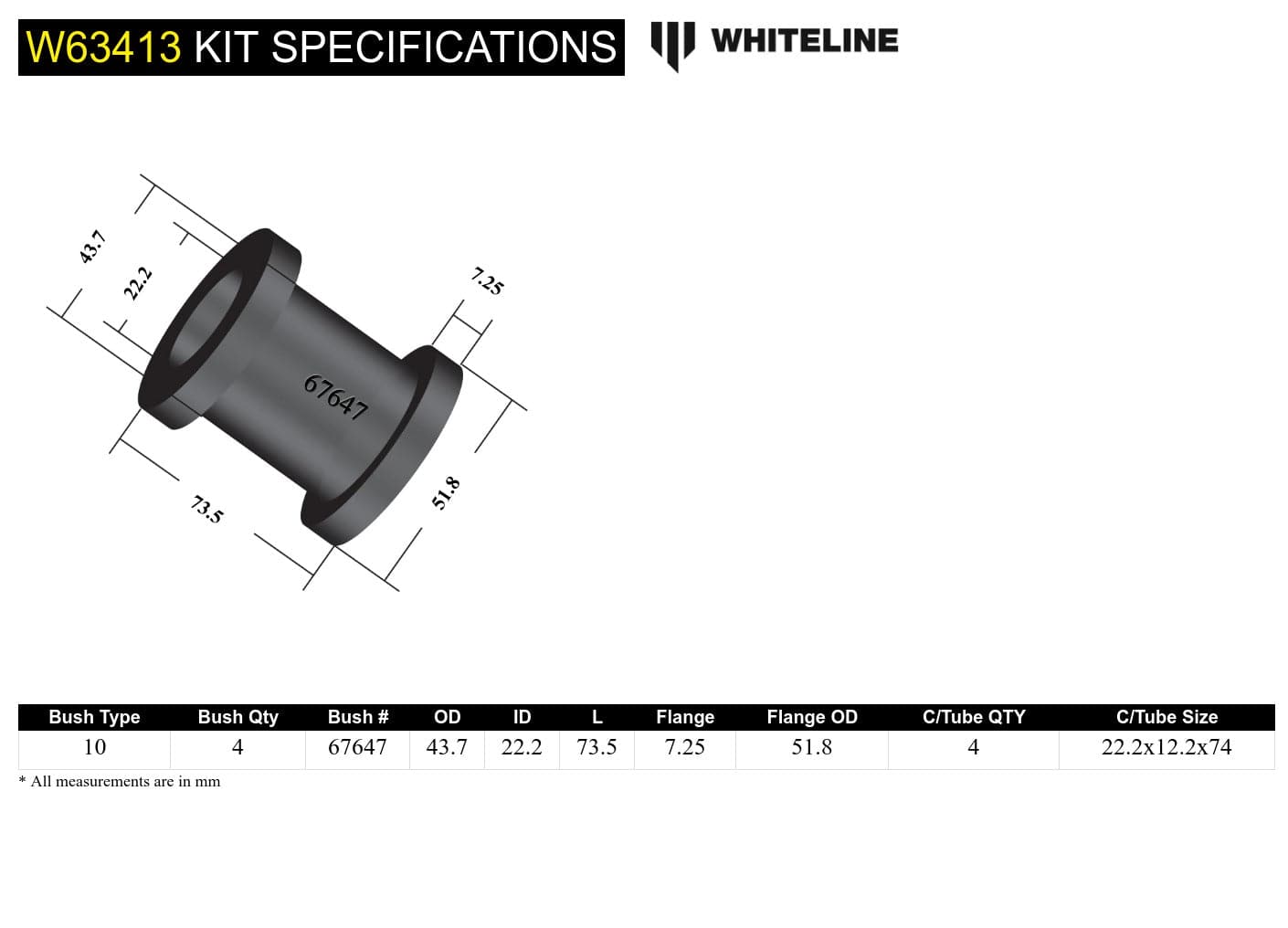Whiteline 10 x 16 x 26 cm Rear Trailing Arm - Bushing Kit to Suit Volkswagen Transporter T3 SR