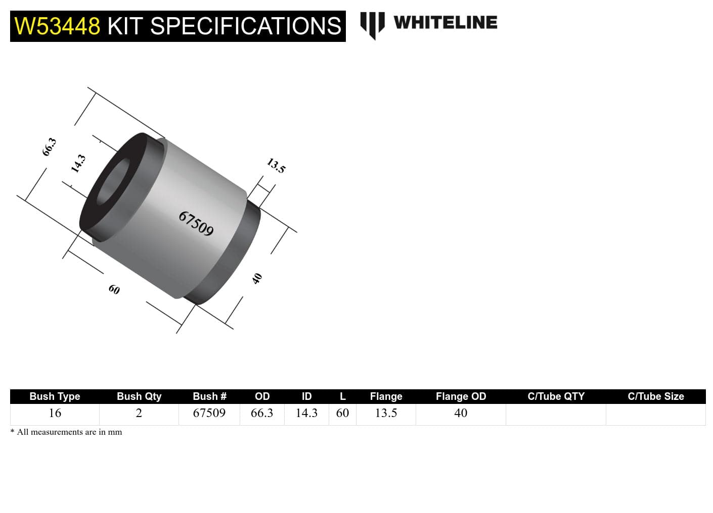Whiteline 10 x 16 x 26 cm / Standard Alignment Front Control Arm Lower - Inner Front Bushing Kit to Suit Hyundai Accent, I30 and Kia Rio SR