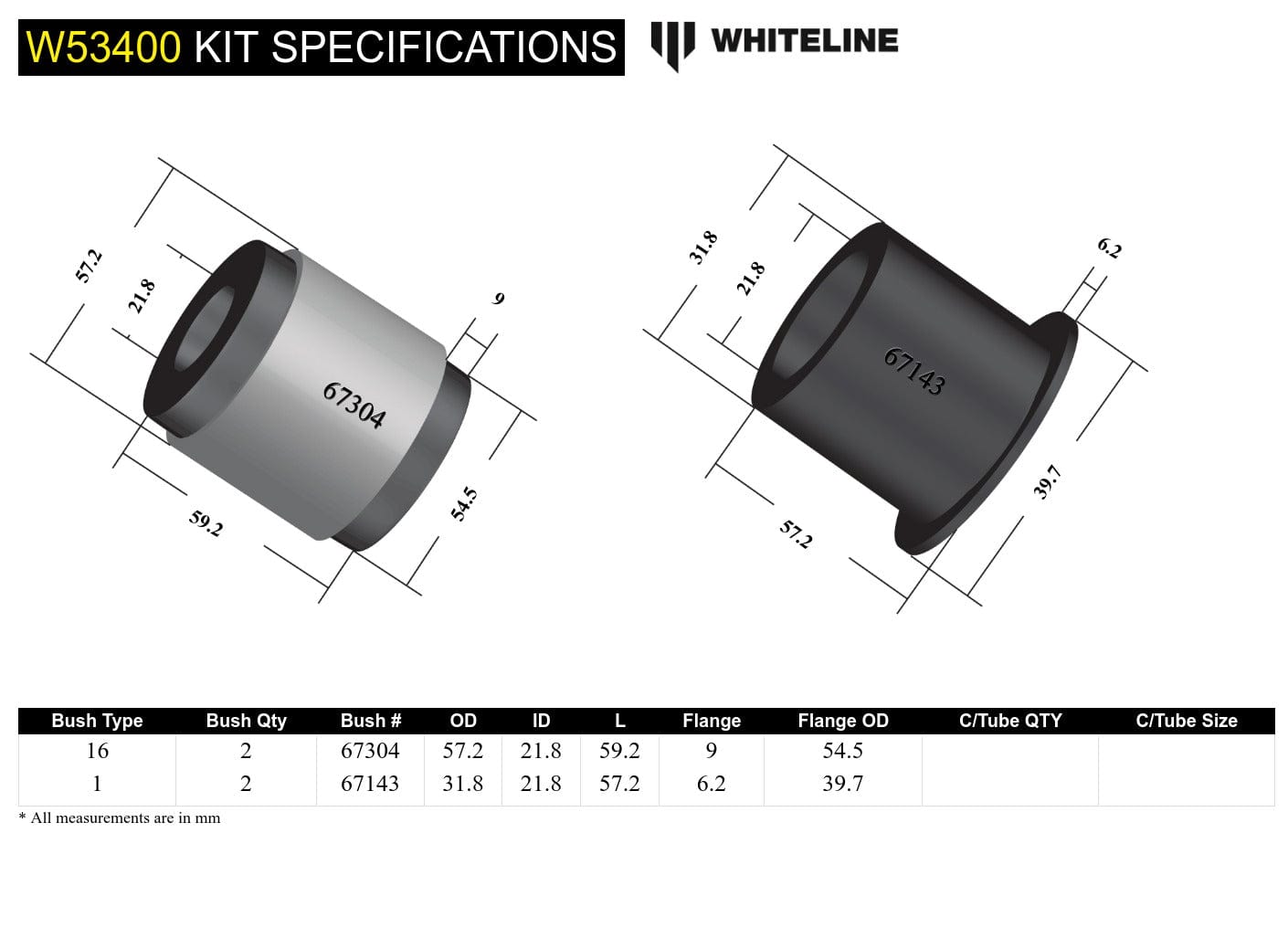 Whiteline 10 x 16 x 26 cm / Standard Alignment Front Control Arm Lower - Inner Rear Bushing Kit to Suit Ford Fiesta WP, WQ and Mazda2 DY SR