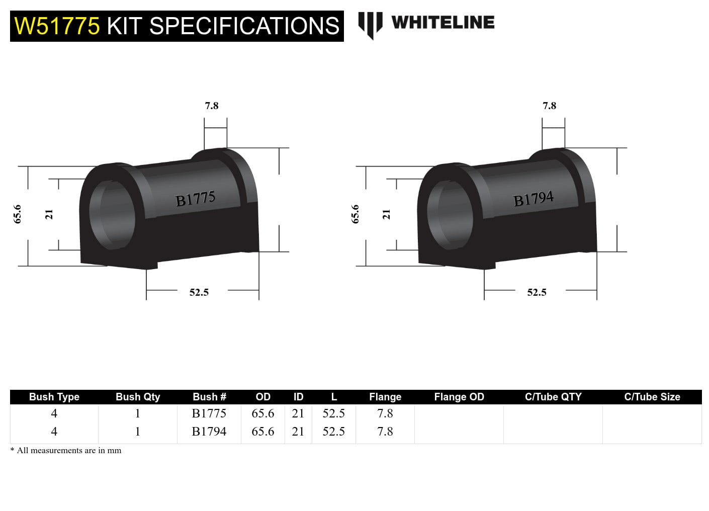 Whiteline 10 x 16 x 26 cm / Standard Alignment Front Control Arm Lower - Inner Rear Bushing Kit to Suit Hyundai, Mitubishi and Proton SR