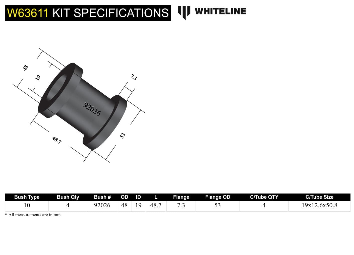 Whiteline 10 x 16 x 26 cm / Straight eye - 1 piece bushing design - suits models 1981 - on Rear Trailing Arm Upper - Bushing Kit to Suit Volvo 240 and 260 SR