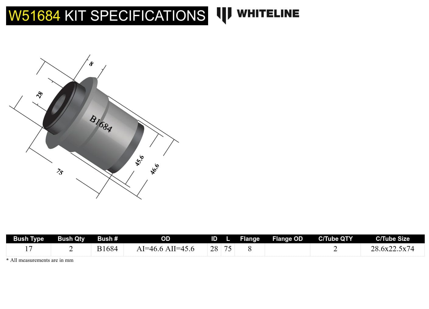 Whiteline 10 x 16 x 26 cm / Suits models 06/1985 - on Front Control Arm Upper - Inner Rear Bushing Kit to Suit Toyota LiteAce, Tarago and Town Ace SR