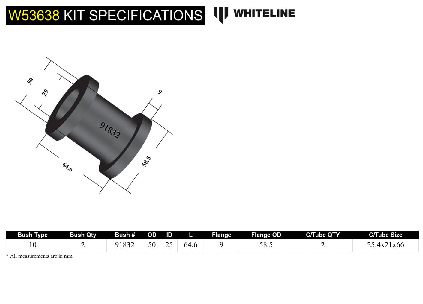 Whiteline 16 x 26 x cm Front Control Arm Lower - Inner Rear Bushing Kit to Suit Nissan Elgrand E51 SR