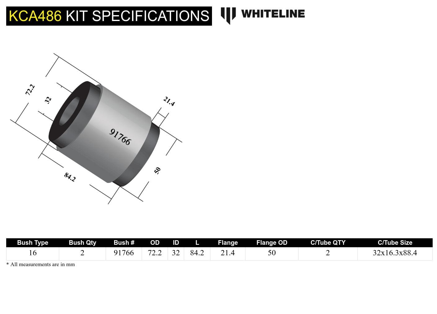 Whiteline 35 x 20 x 10 cm / Performance Alignment - adds +/-1.0deg caster Front Radius Arm Lower - Bushing Kit Double Offset to Suit Ford Mustang S550 FM, FN SR