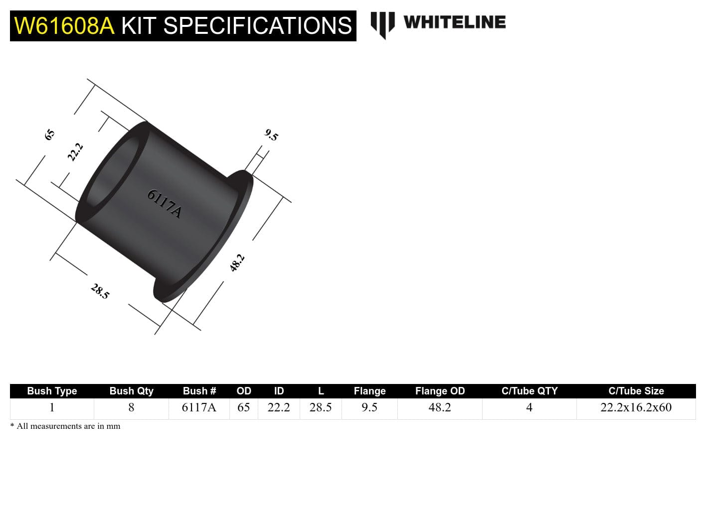 Whiteline 40 x 20 x 10 cm / 65mm OD - suits coil spring models Rear Trailing Arm Lower - Rear Bushing Kit to Suit Mitsubishi Pajero NA-NL SR