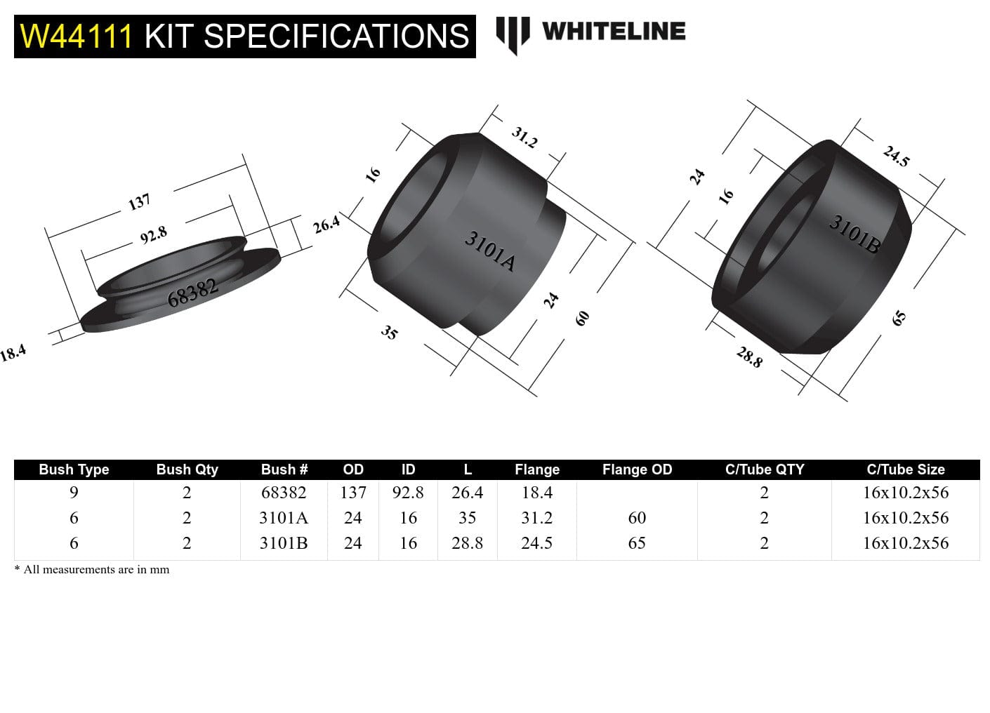 Whiteline 40 x 20 x 10 cm / Includes top spring pad Front Strut Mount - Bushing Kit to Suit Mitsubishi Pajero NM-NX SR
