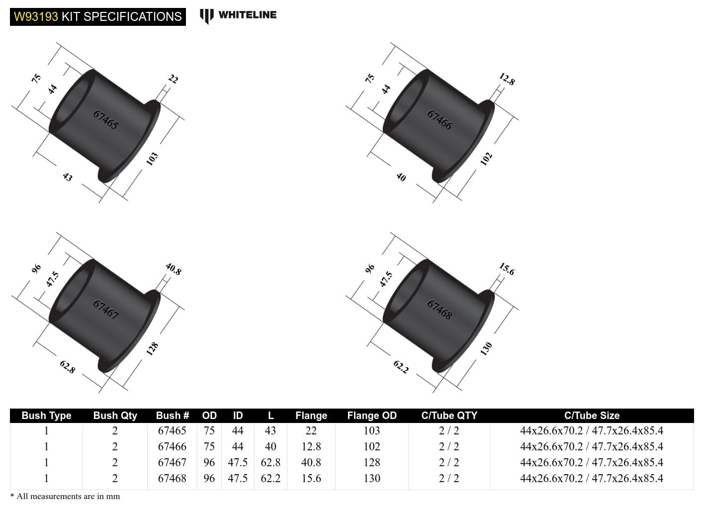 Whiteline 50 x 20 x 10 cm Rear Subframe - Bushing Kit to Suit HSV Clubsport, GTS and Senator Gen F SR