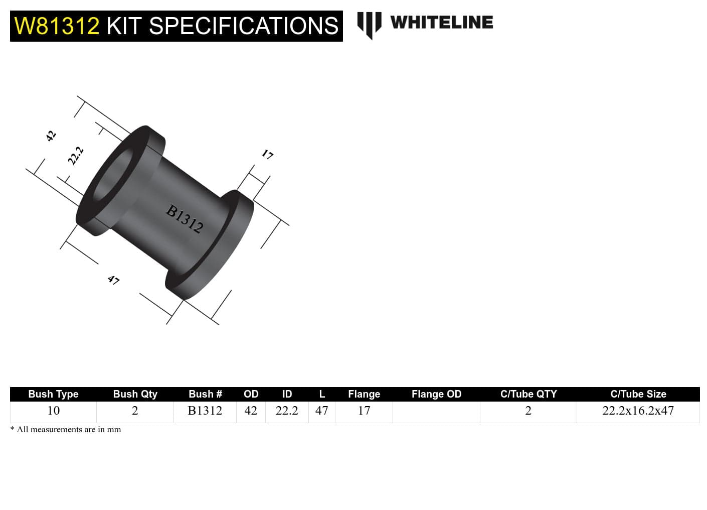 Whiteline 7 x 14 x 20 cm / 1 piece bushing design Front Strut Rod - To Chassis Bushing Kit to Suit Holden Commodore VB-VS and HSV SR