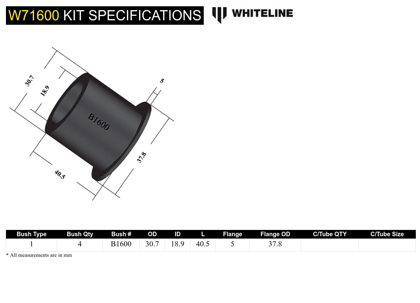 Whiteline 7 x 14 x 20 cm / 30mm OD - suits leaf spring models Rear Leaf Spring - Front Eye Bushing Kit to Suit Mitsubishi L300 and Pajero SR