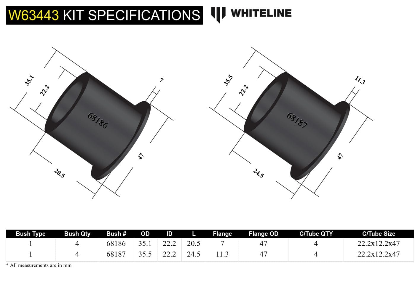 Whiteline 7 x 14 x 20 cm / 35mm OD Rear Control Arm Upper - Inner Bushing Kit to Suit Honda S2000 AP SR