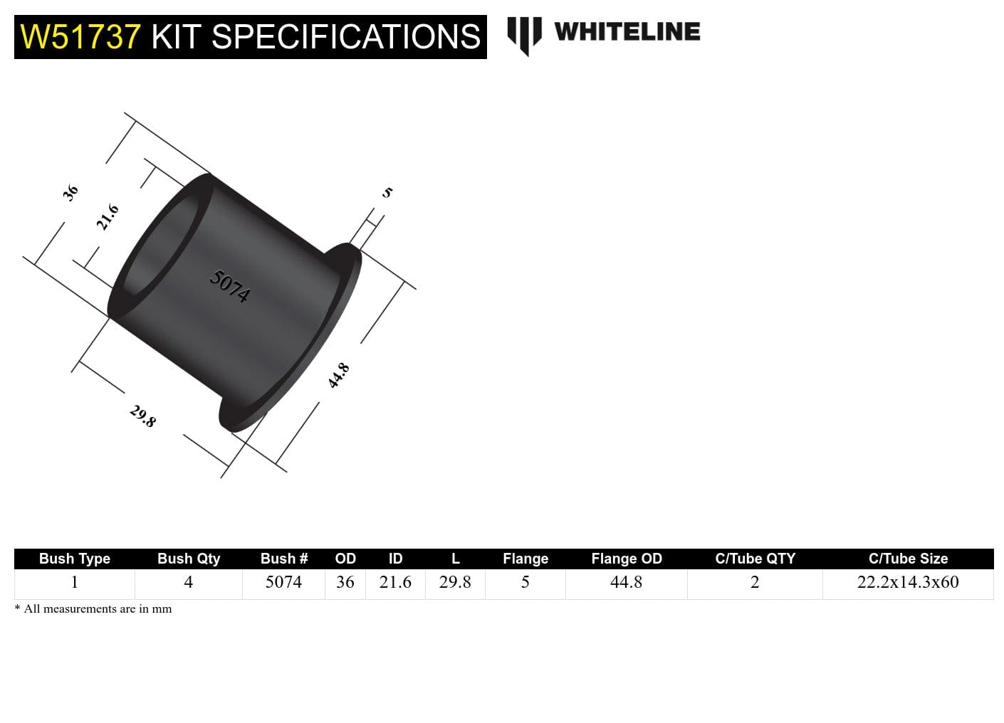 Whiteline 7 x 14 x 20 cm / Bushing 36.4mm OD, crush tube 14.3mm ID Front Control Arm Lower - Inner Front Bushing Kit to Suit Nissan NX, Primera and Pulsar SR