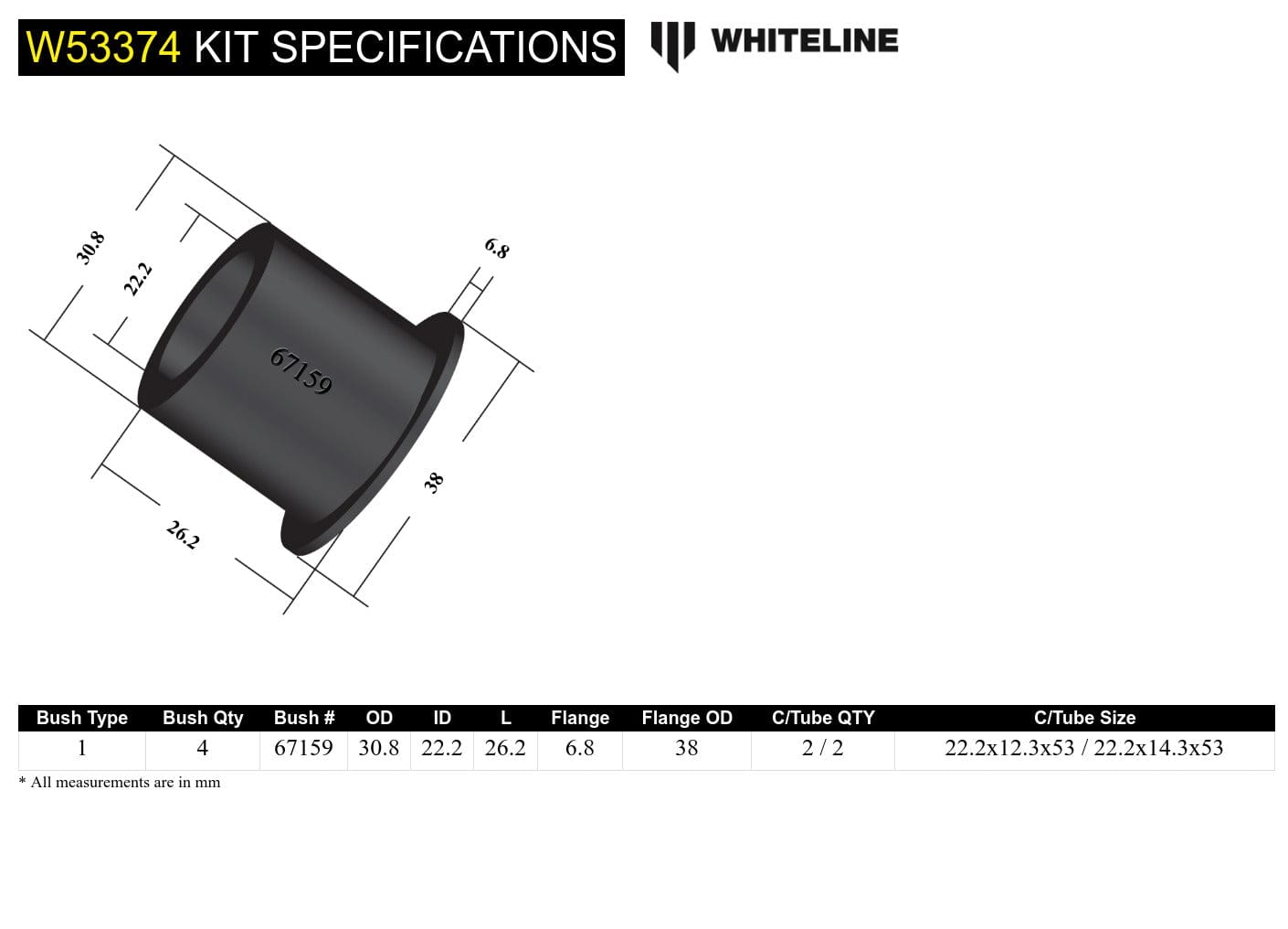 Whiteline 7 x 14 x 20 cm / Contains both 12mm and 14mm crush tubes Front Control Arm Lower - Inner Front Bushing Kit to Suit Toyota MR2 ZZW30 and Echo NCP10 SR