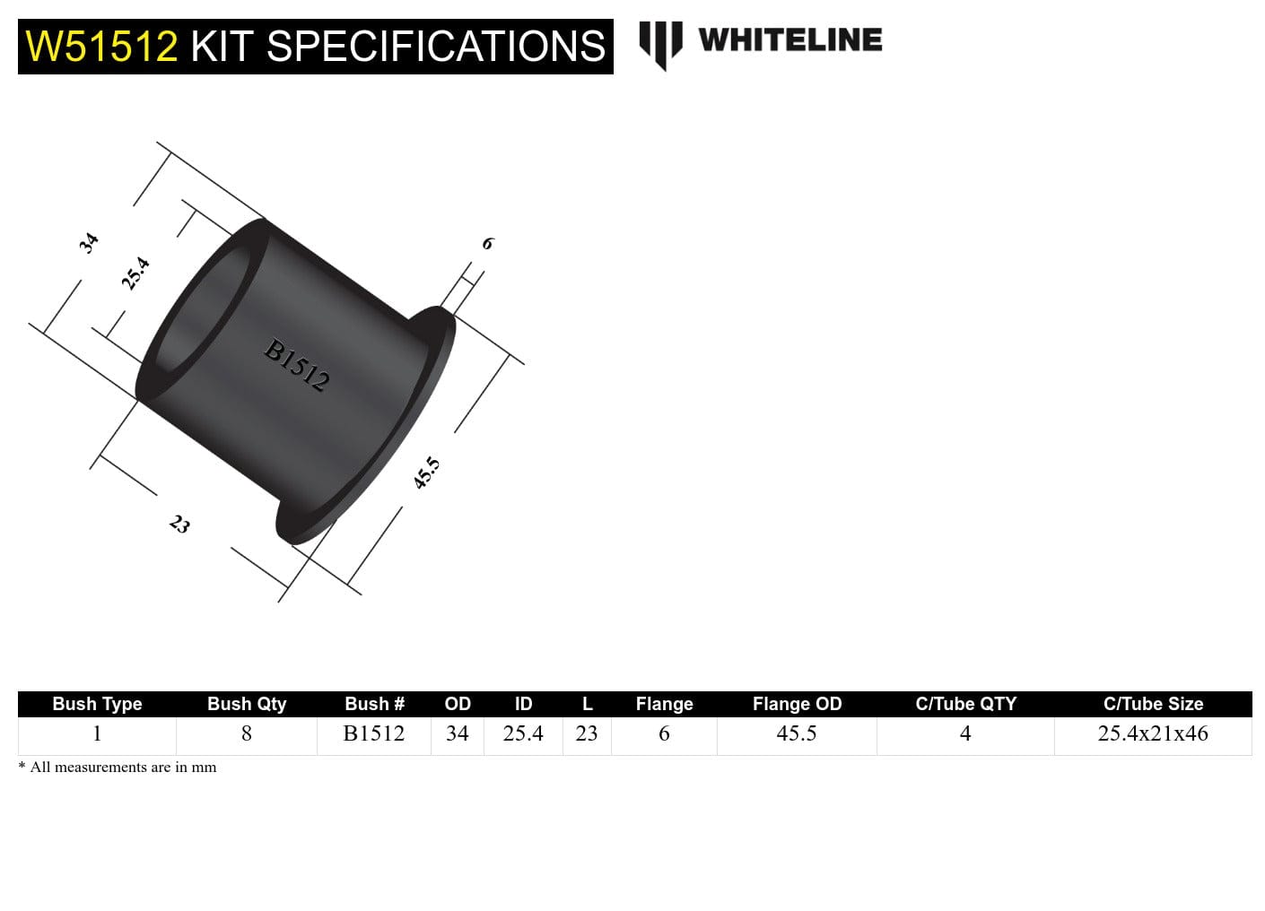 Whiteline 7 x 14 x 20 cm Front Control Arm Lower - Inner Bushing Kit to Suit Jaguar E Type, Mk1, Mk2, MkX, XJ and XJS SR