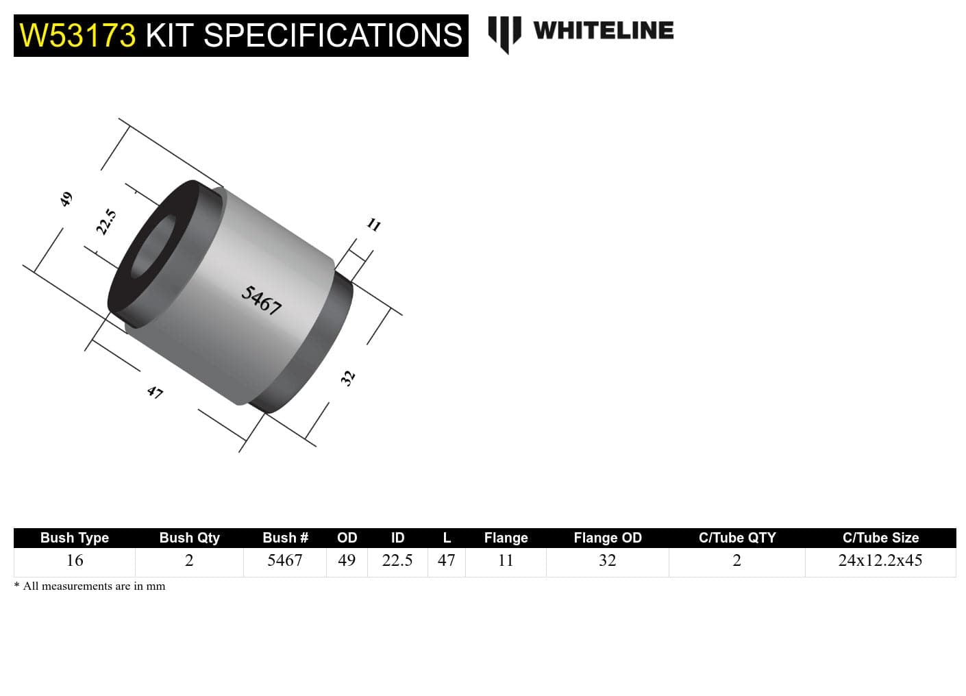 Whiteline 7 x 14 x 20 cm Front Control Arm Lower - Inner Front Bushing Kit to Suit Daewoo Nubira J100, J150 SR