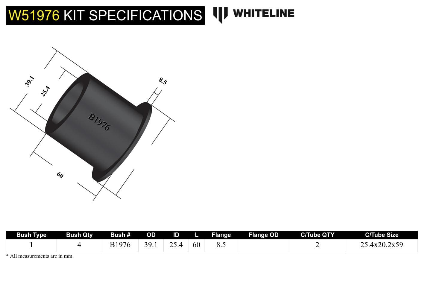 Whiteline 7 x 14 x 20 cm Front Control Arm Lower - Inner Front Bushing Kit to Suit Toyota Celica ST182, ST185 SR