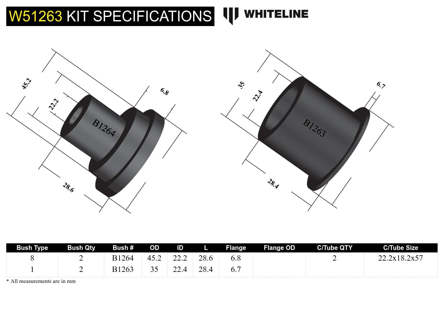 Whiteline 7 x 14 x 20 cm Front Control Arm Lower - Inner Rear Bushing Kit to Suit Ford Laser KF, KH and Mazda 323 BG SR