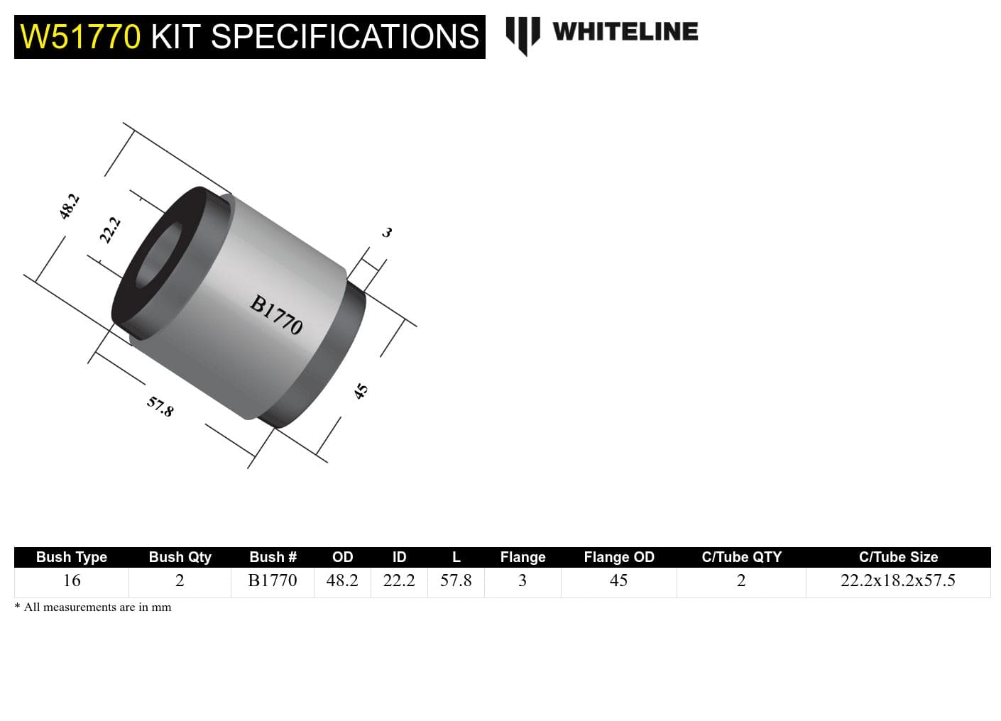 Whiteline 7 x 14 x 20 cm Front Control Arm Lower - Inner Rear Bushing Kit to Suit Ford Laser KJ and Mazda 323 BA SR